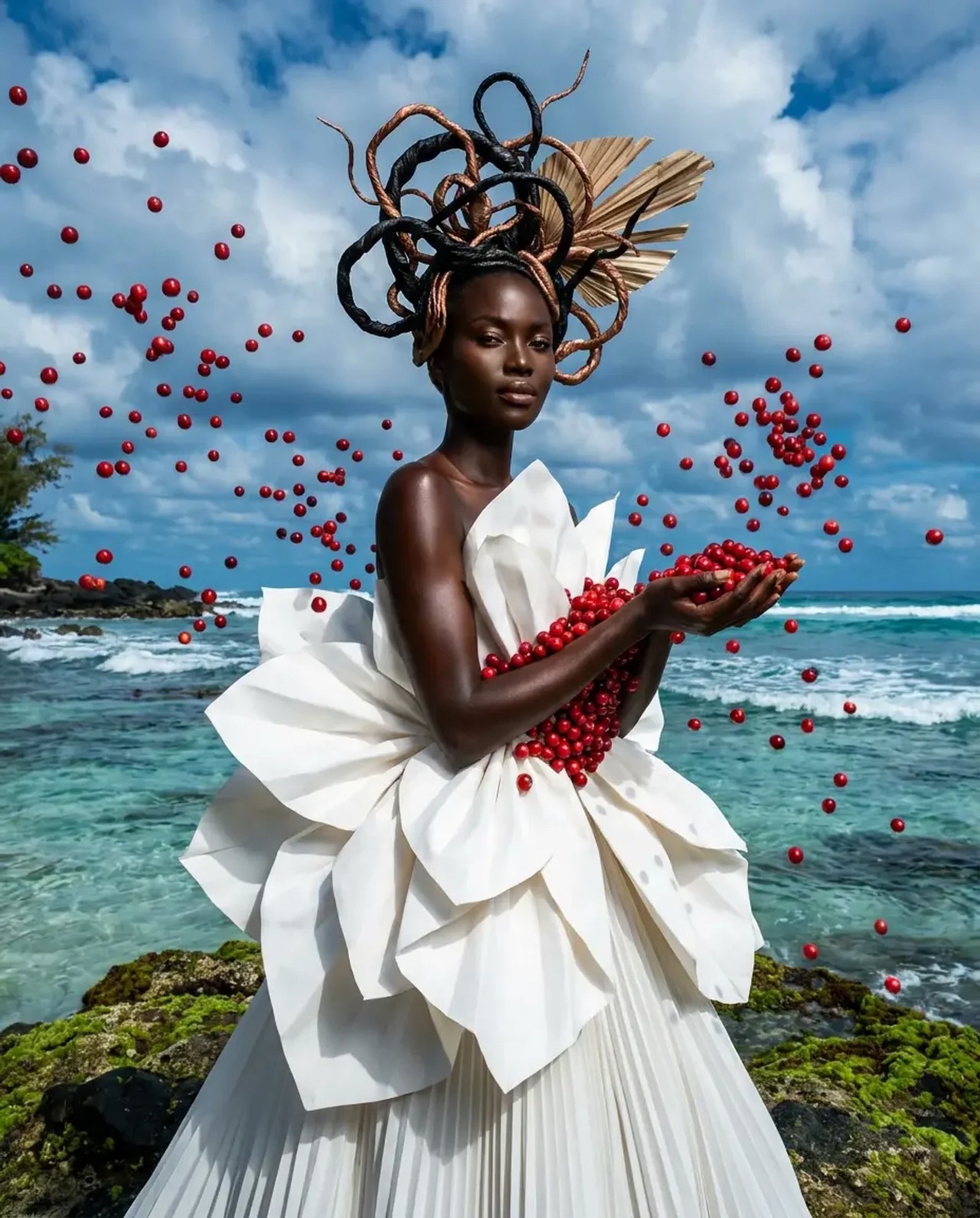Concept editorial photography Jacksonville FL — ocean goddess white architectural gown floating red berries by HiDef Pixel