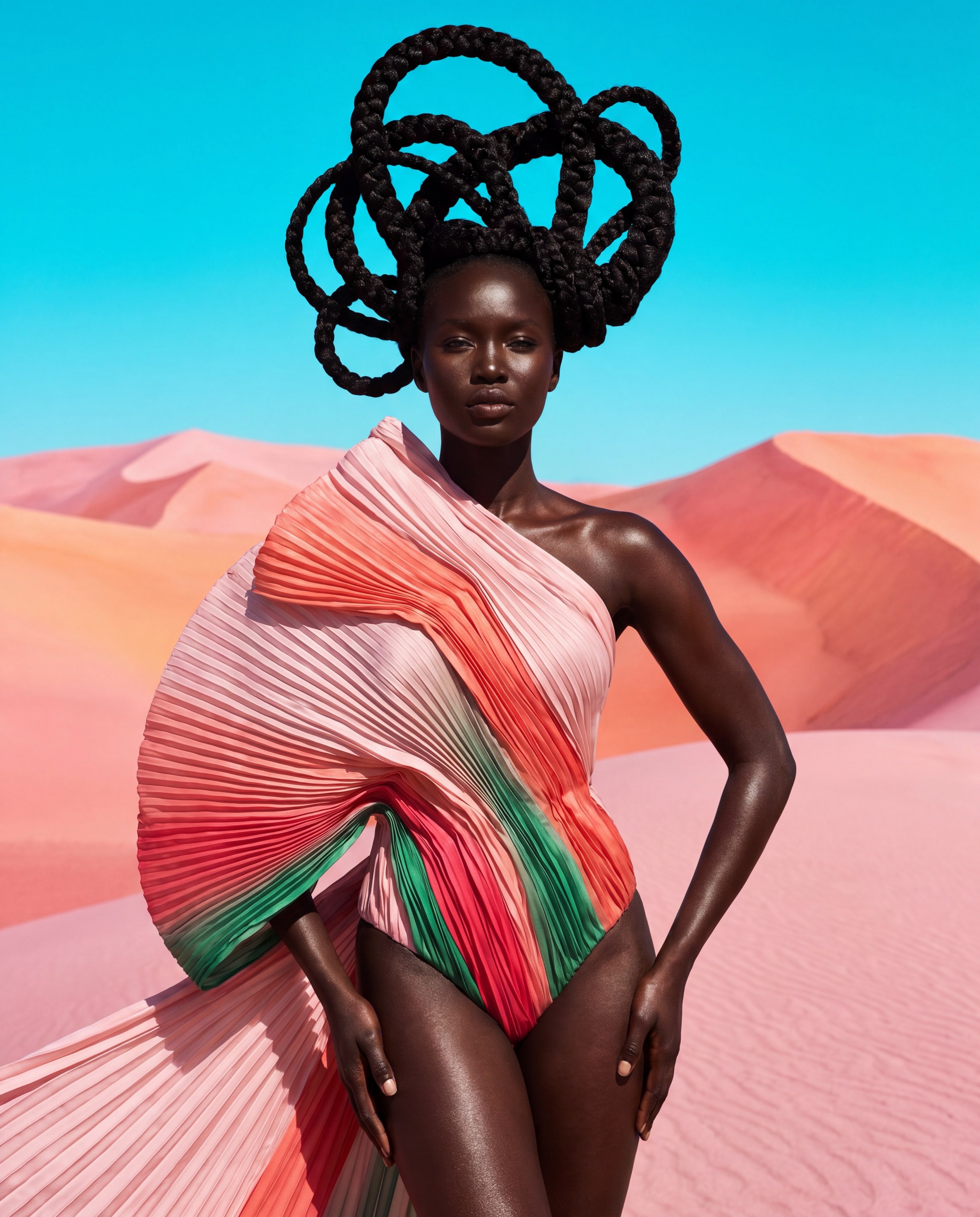 Editorial fashion photography Jacksonville FL — desert dunes coral pleated wrap sculptural braids by HiDef Pixel