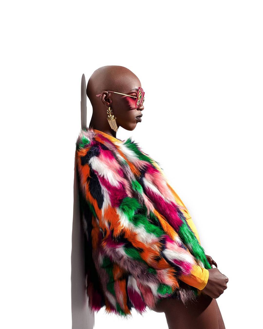 Fashion editorial photographer Jacksonville FL — multicolor fur coat bold sunglasses studio by HiDef Pixel