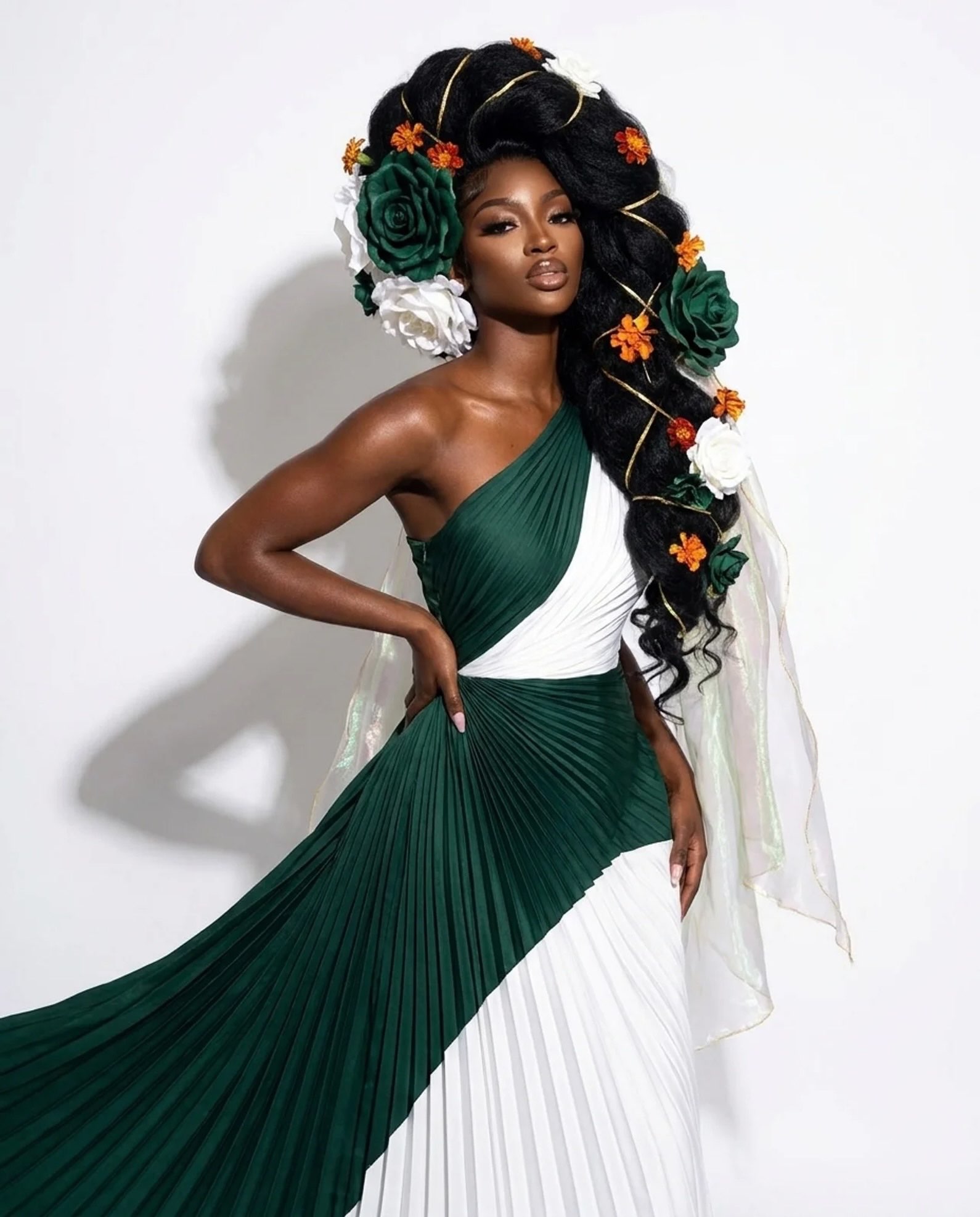 Studio fashion photography Jacksonville FL — green white goddess gown floral crown editorial by HiDef Pixel