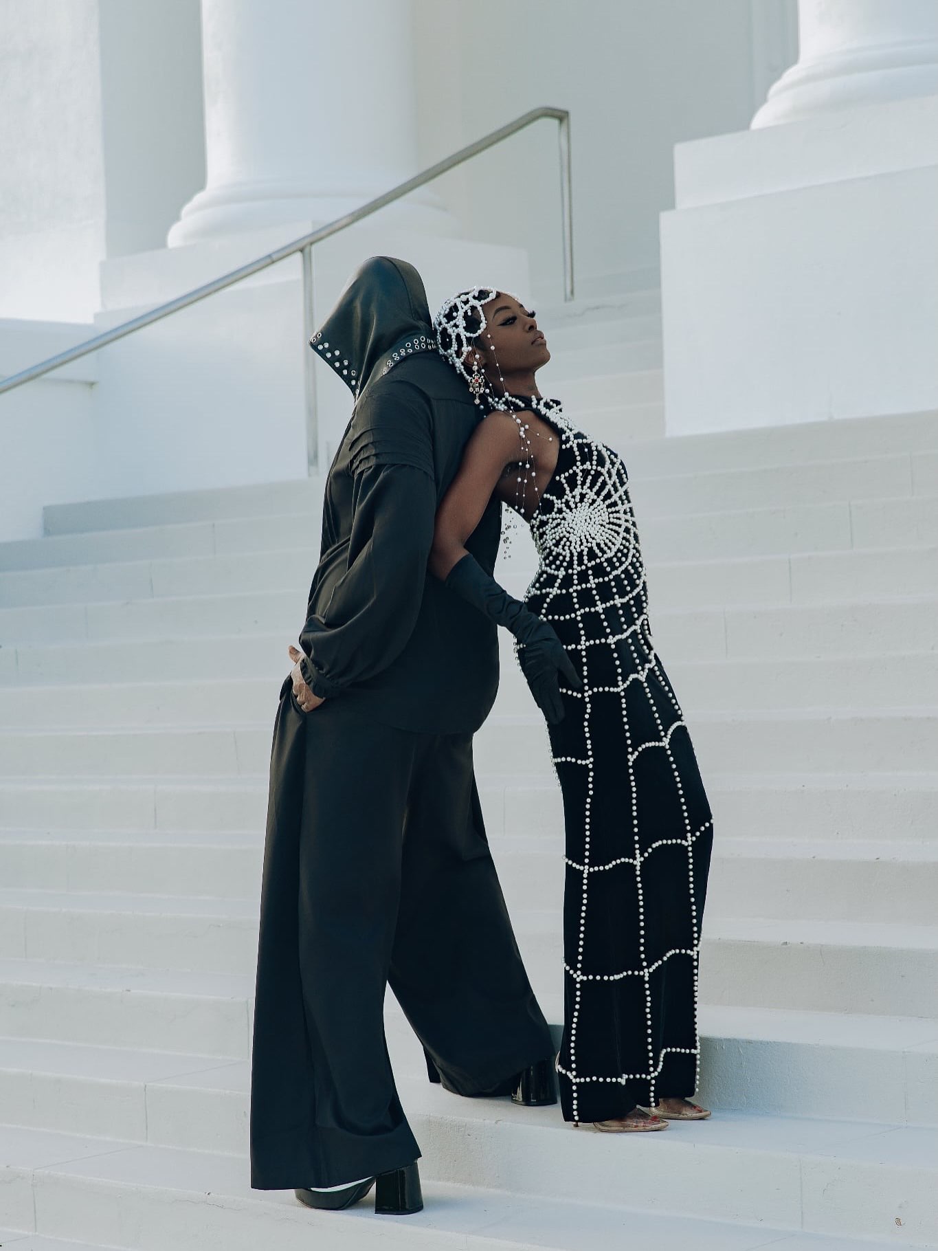 Fashion editorial photography Jacksonville FL — marble steps pearl spiderweb gown editorial duo by HiDef Pixel